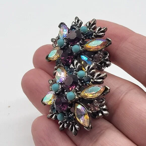 VTG Cluster AB and Pink/Purple Rhinestones Clip On Earrings Blue Accent Beads - Picture 2 of 9